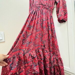 Boemo x Anthropologie Paisley Puff Sleeve Tiered Maxi Dress Red Women large